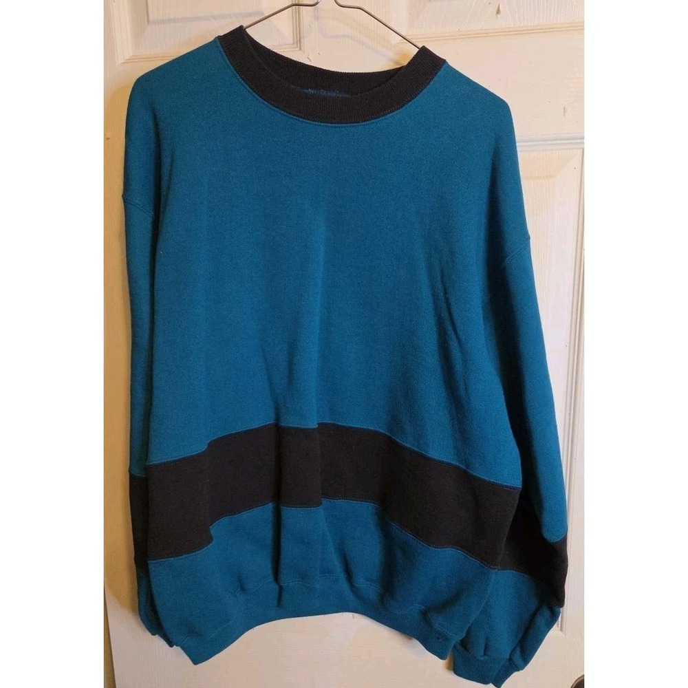 Vintage 90s Hanes Signature Sweatshirt Large Teal Black Colorblock Made USA